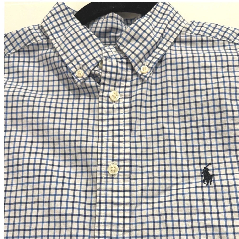 Polo Ralph Lauren Boys Blue Check Natural Stretch Button Down Shirt L 14-16
